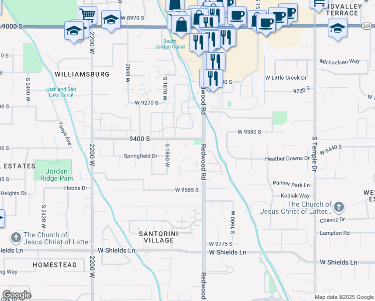 map of restaurants, bars, coffee shops, grocery stores, and more near 1753 Rylie Ann Circle in South Jordan