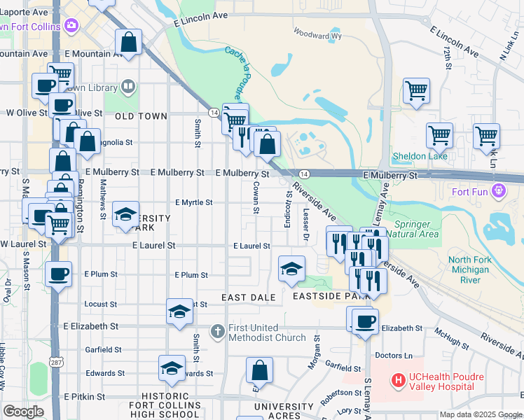 map of restaurants, bars, coffee shops, grocery stores, and more near 610 Cowan Street in Fort Collins