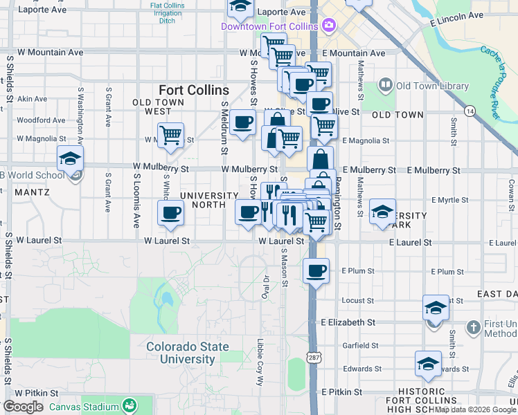 map of restaurants, bars, coffee shops, grocery stores, and more near in Fort Collins
