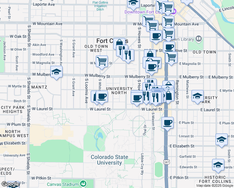 map of restaurants, bars, coffee shops, grocery stores, and more near 612 South Sherwood Street in Fort Collins