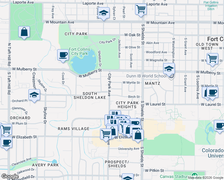 map of restaurants, bars, coffee shops, grocery stores, and more near 610 City Park Avenue in Fort Collins