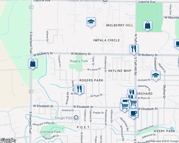 map of restaurants, bars, coffee shops, grocery stores, and more near 2500 Timber Court in Fort Collins