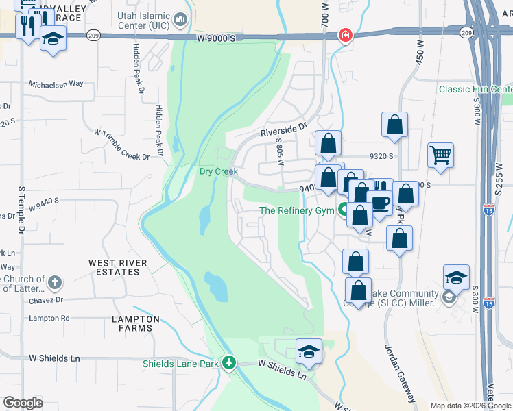 map of restaurants, bars, coffee shops, grocery stores, and more near 9425 Riverside Drive in Sandy