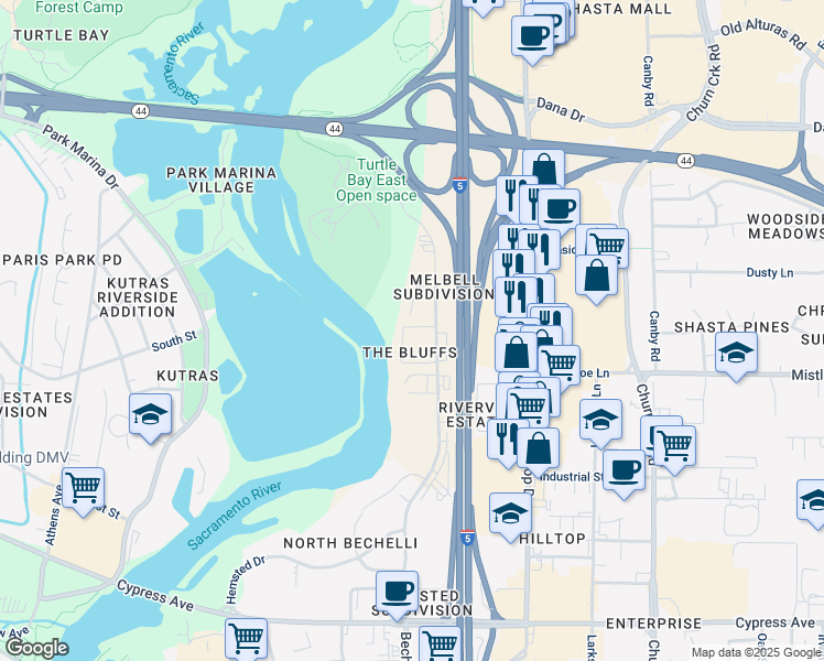 map of restaurants, bars, coffee shops, grocery stores, and more near 1926 Bechelli Lane in Redding