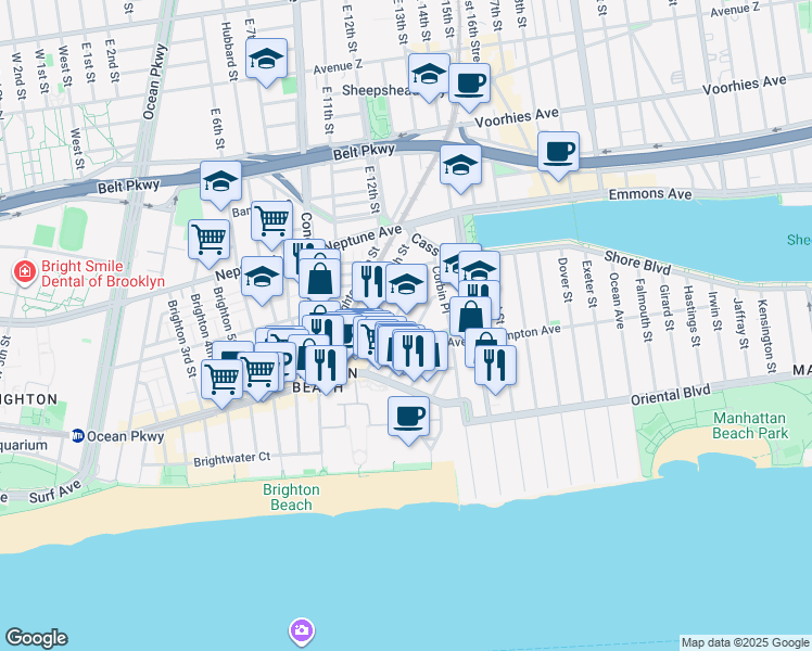 map of restaurants, bars, coffee shops, grocery stores, and more near 1080 Ocean View Avenue in Brooklyn