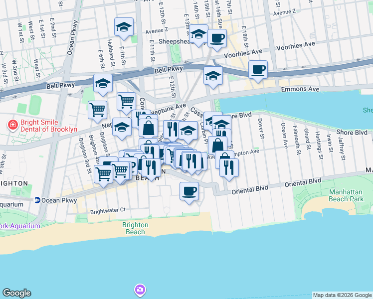 map of restaurants, bars, coffee shops, grocery stores, and more near 1080 Ocean View Avenue in Brooklyn