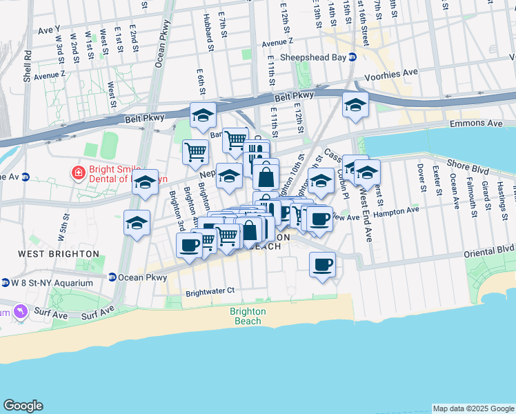 map of restaurants, bars, coffee shops, grocery stores, and more near 3017 Brighton 8th Street in Brooklyn