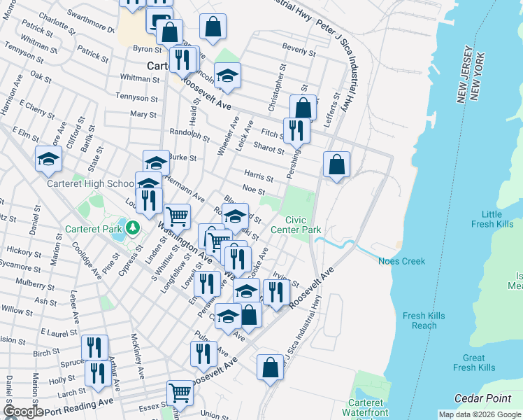 map of restaurants, bars, coffee shops, grocery stores, and more near 241 Pershing Avenue in Carteret