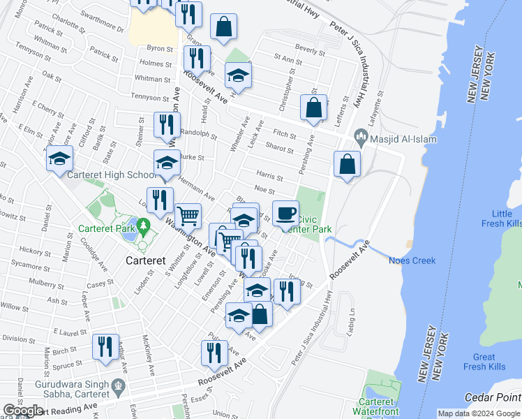 map of restaurants, bars, coffee shops, grocery stores, and more near 146 Lowell Street in Carteret
