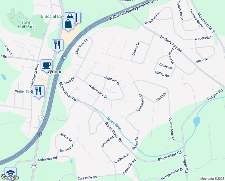 map of restaurants, bars, coffee shops, grocery stores, and more near 1991 Glenwood Court in Bethlehem