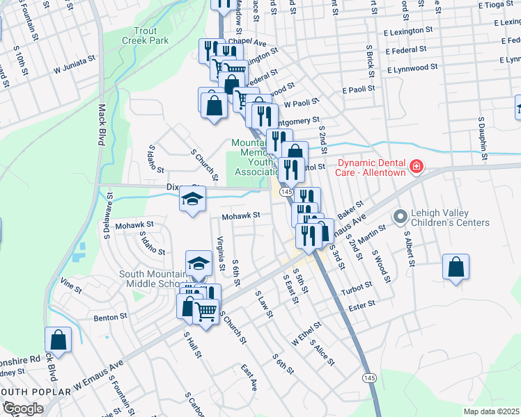 map of restaurants, bars, coffee shops, grocery stores, and more near 513-517 Mohawk Street in Allentown