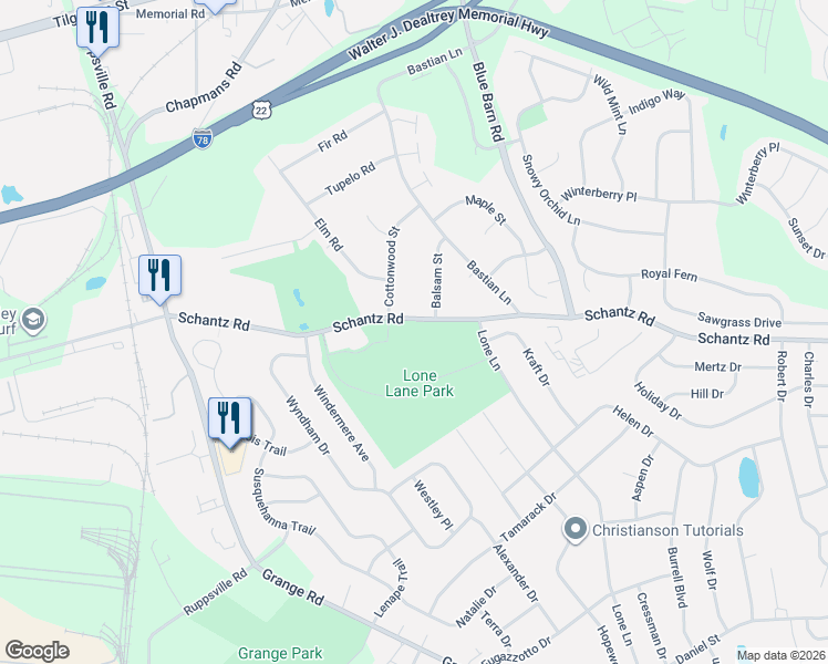 map of restaurants, bars, coffee shops, grocery stores, and more near 6450 Schantz Road in Allentown