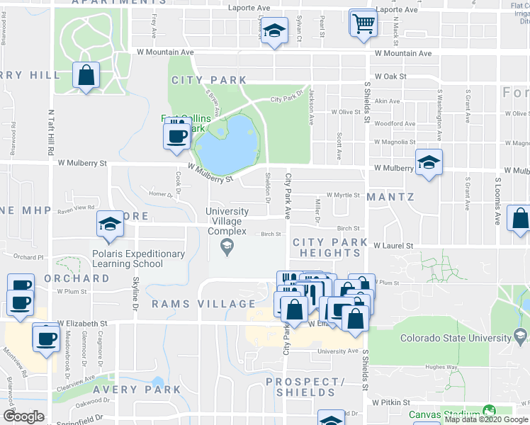 map of restaurants, bars, coffee shops, grocery stores, and more near 611 Sheldon Drive in Fort Collins