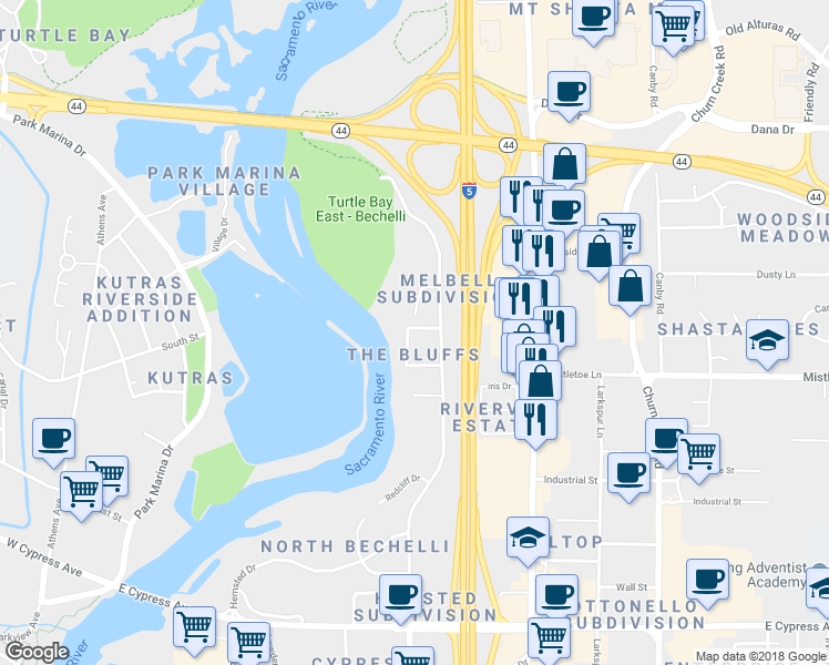 map of restaurants, bars, coffee shops, grocery stores, and more near 1926 Bechelli Lane in Redding