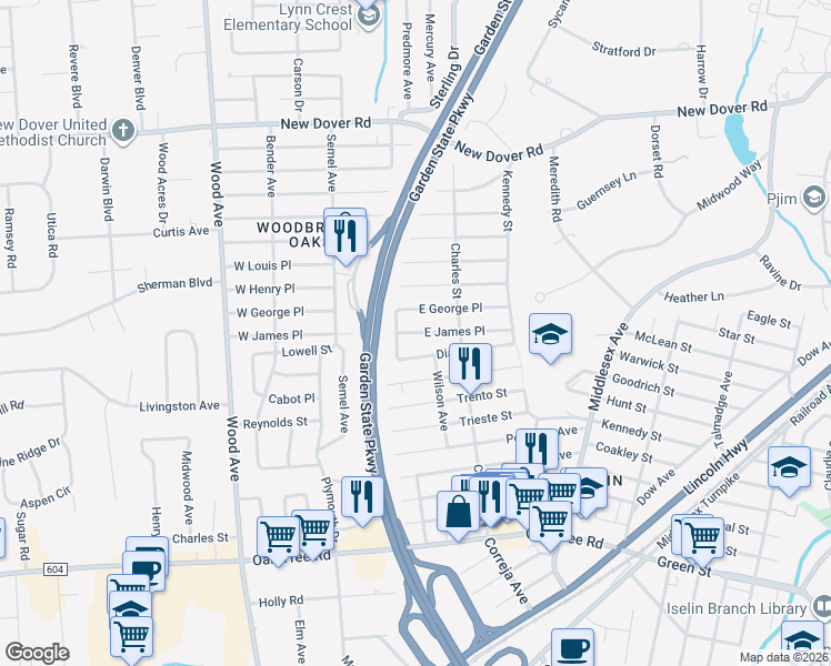 map of restaurants, bars, coffee shops, grocery stores, and more near 182 East James Place in Woodbridge Township