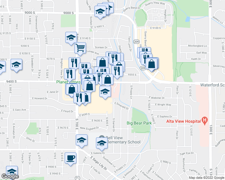 map of restaurants, bars, coffee shops, grocery stores, and more near 850 East 9400 South in Sandy