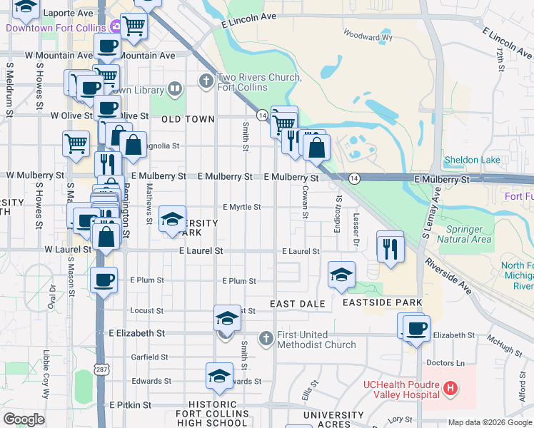 map of restaurants, bars, coffee shops, grocery stores, and more near 611 Stover Street in Fort Collins