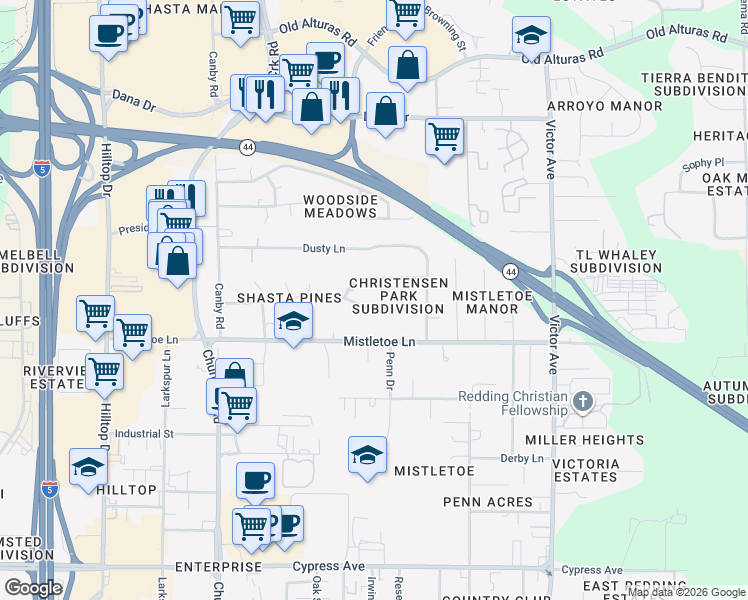 map of restaurants, bars, coffee shops, grocery stores, and more near 1390 Norman Drive in Redding