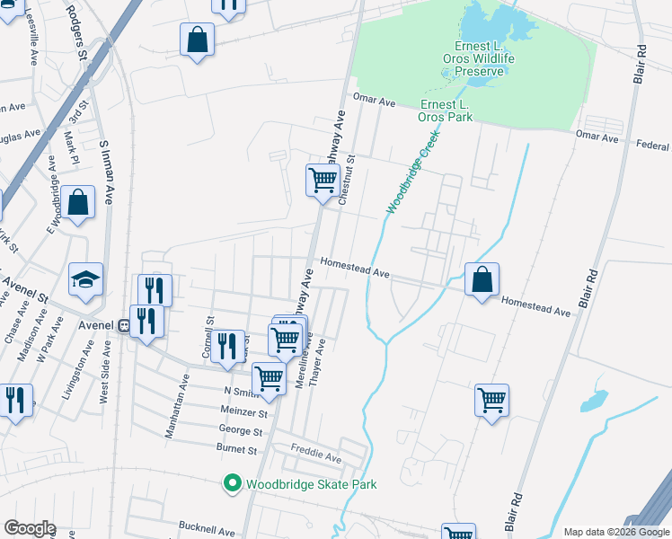 map of restaurants, bars, coffee shops, grocery stores, and more near 5 Chestnut Street in Woodbridge Township