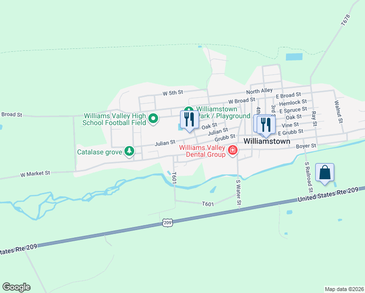 map of restaurants, bars, coffee shops, grocery stores, and more near 519 West Market Street in Williamstown