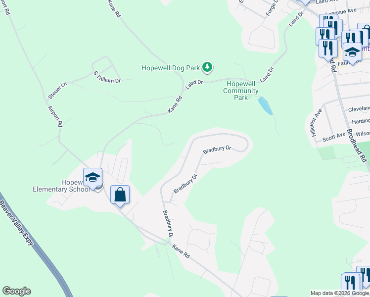 map of restaurants, bars, coffee shops, grocery stores, and more near 3157 Bradbury Drive in Aliquippa