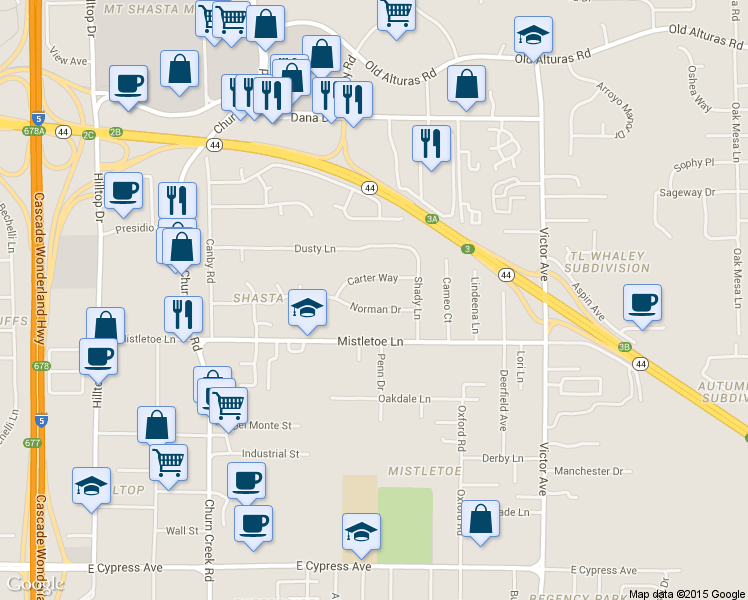 map of restaurants, bars, coffee shops, grocery stores, and more near 1390 Norman Dr in Redding