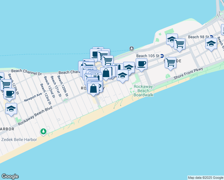 map of restaurants, bars, coffee shops, grocery stores, and more near 166 Beach 114th Street in Queens