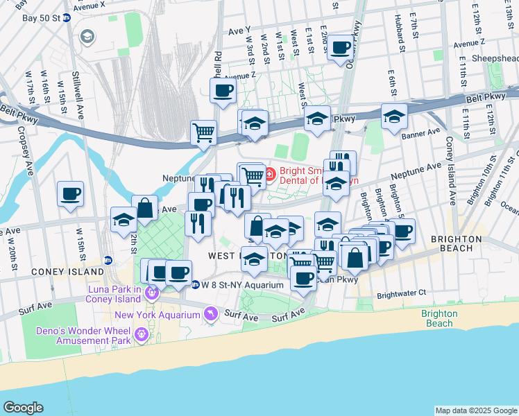 map of restaurants, bars, coffee shops, grocery stores, and more near Neptune Ave & W 5th St in Brooklyn