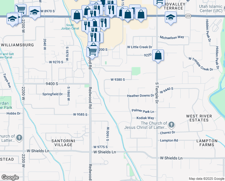 map of restaurants, bars, coffee shops, grocery stores, and more near 1583 West 9425 South in South Jordan