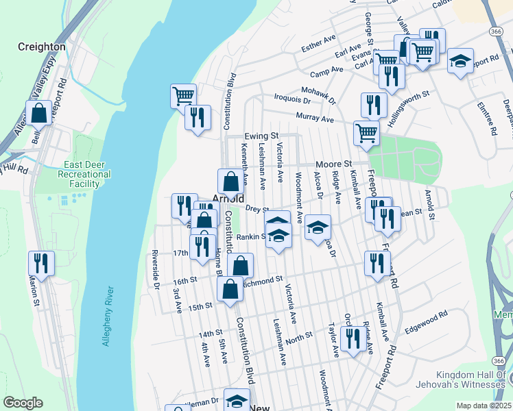 map of restaurants, bars, coffee shops, grocery stores, and more near 815 Drey Street in Arnold