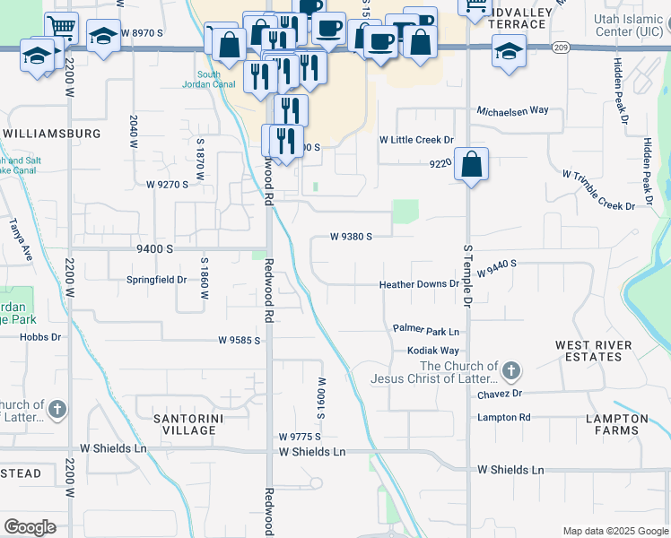 map of restaurants, bars, coffee shops, grocery stores, and more near 1583 West 9425 South in South Jordan