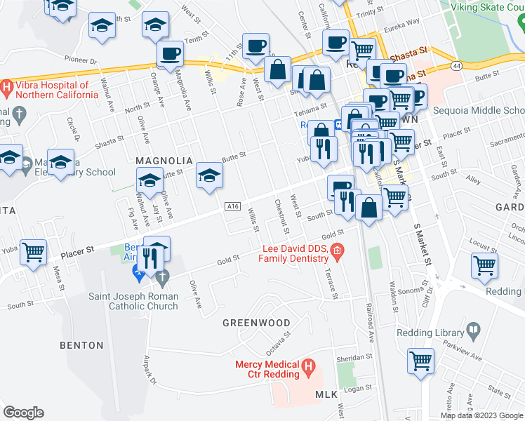 map of restaurants, bars, coffee shops, grocery stores, and more near 1735 Willis Street in Redding