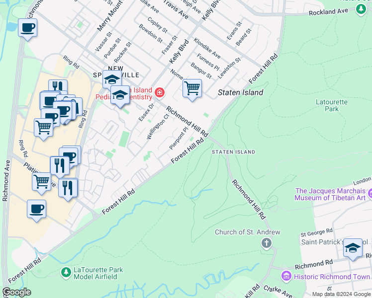 map of restaurants, bars, coffee shops, grocery stores, and more near 1698 Forest Hill Road in Staten Island