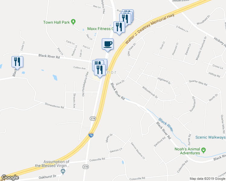 map of restaurants, bars, coffee shops, grocery stores, and more near 2438 Black River Road in Bethlehem