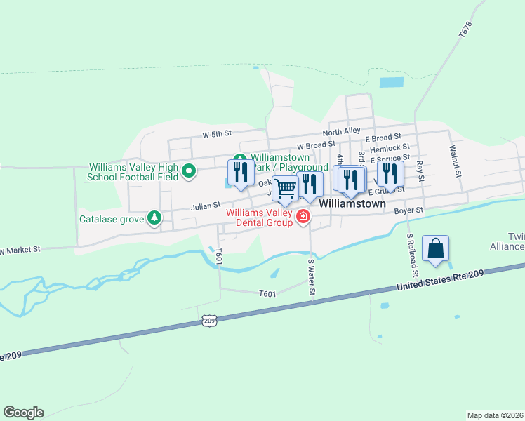 map of restaurants, bars, coffee shops, grocery stores, and more near 422 West Market Street in Williamstown