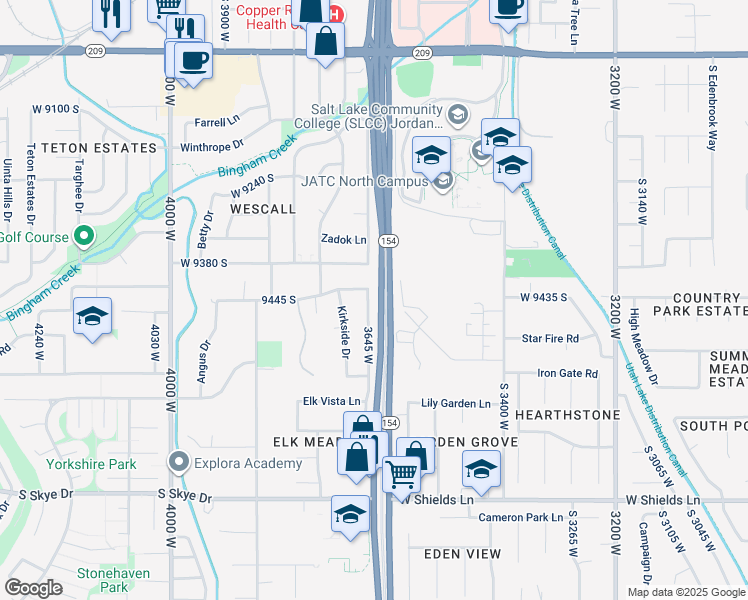 map of restaurants, bars, coffee shops, grocery stores, and more near 9441 South Newkirk Street in South Jordan
