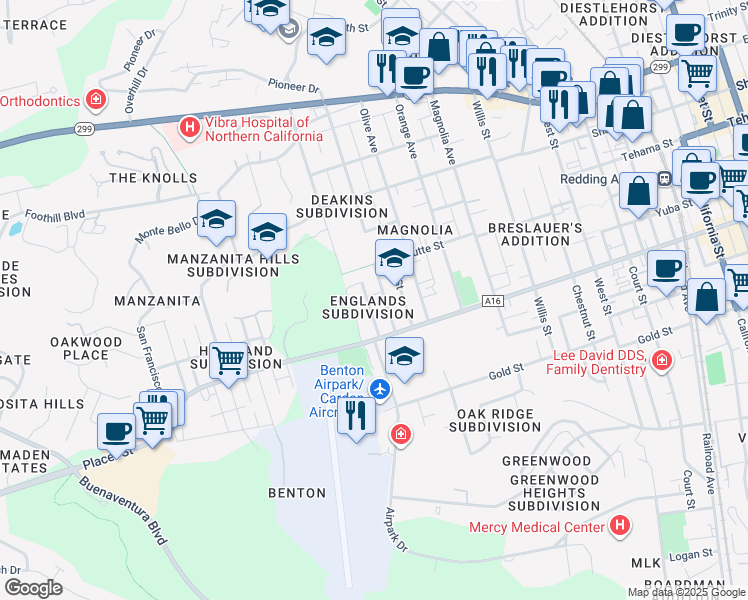 map of restaurants, bars, coffee shops, grocery stores, and more near 1575 Fig Avenue in Redding
