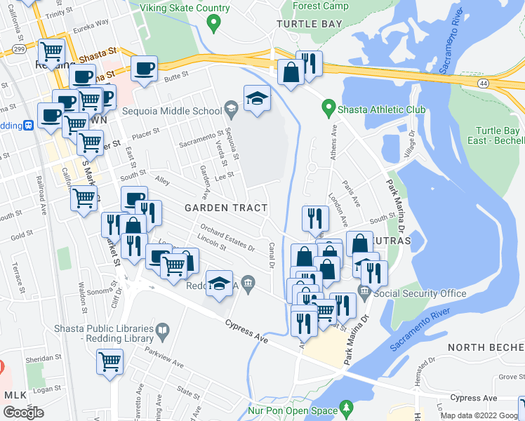 map of restaurants, bars, coffee shops, grocery stores, and more near 721 South Street in Redding