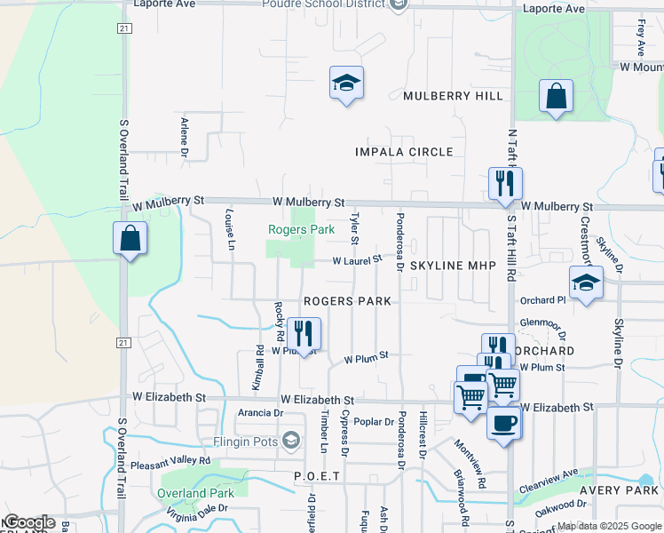 map of restaurants, bars, coffee shops, grocery stores, and more near 2525 West Laurel Street in Fort Collins