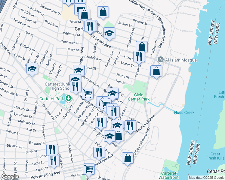 map of restaurants, bars, coffee shops, grocery stores, and more near 145 Lowell Street in Carteret