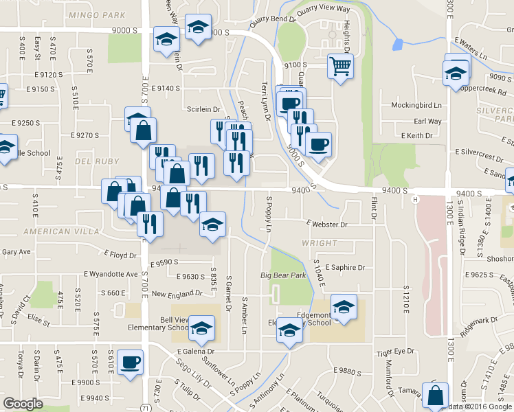 map of restaurants, bars, coffee shops, grocery stores, and more near 9439 Meckailee Cove in Sandy