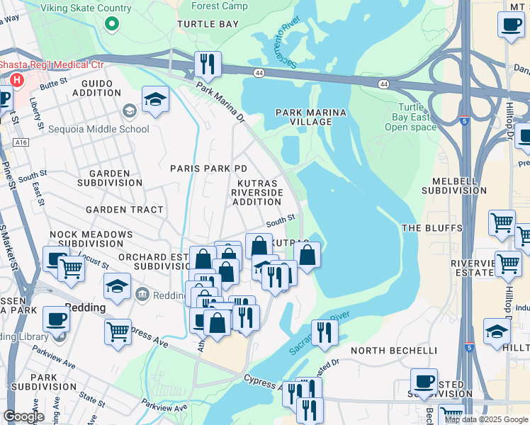 map of restaurants, bars, coffee shops, grocery stores, and more near 2275 Paris Avenue in Redding