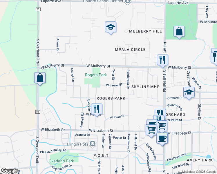 map of restaurants, bars, coffee shops, grocery stores, and more near 2513 West Laurel Street in Fort Collins