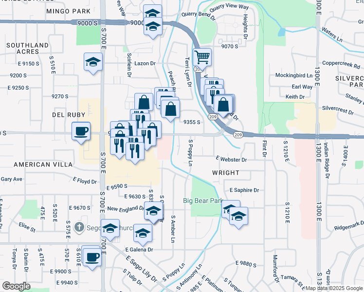 map of restaurants, bars, coffee shops, grocery stores, and more near 9439 Meckailee Cove in Sandy