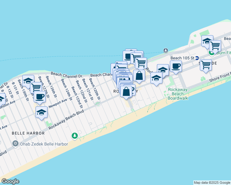 map of restaurants, bars, coffee shops, grocery stores, and more near 117-18 Rockaway Beach Boulevard in Queens