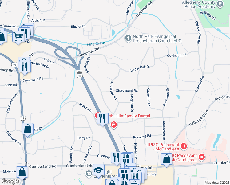 map of restaurants, bars, coffee shops, grocery stores, and more near 9532 Anderson Road in Pittsburgh