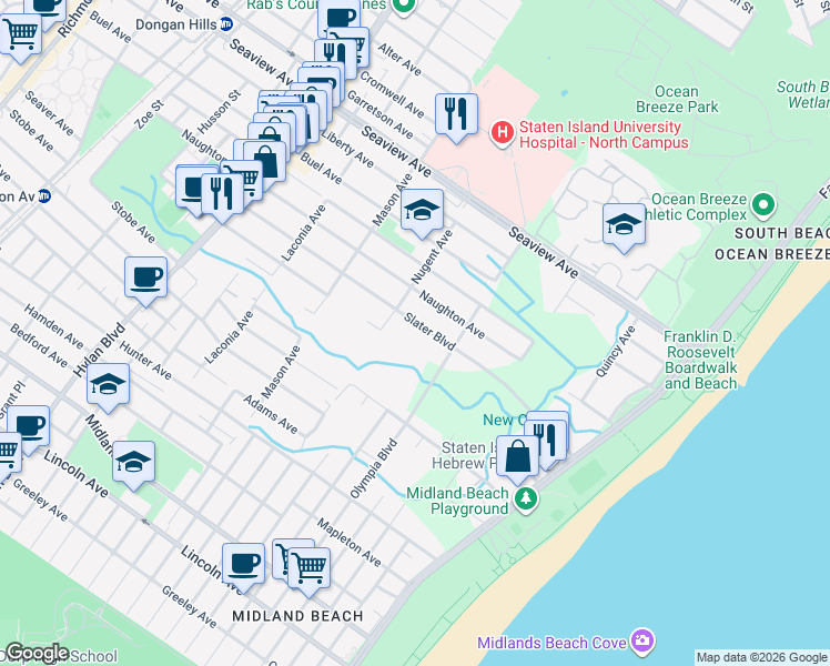 map of restaurants, bars, coffee shops, grocery stores, and more near 250 Slater Boulevard in Staten Island