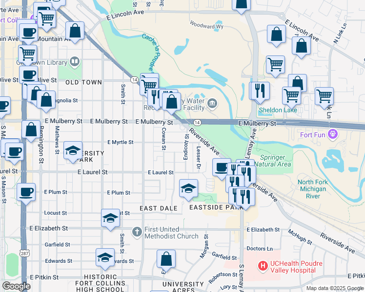 map of restaurants, bars, coffee shops, grocery stores, and more near 609 Endicott Street in Fort Collins