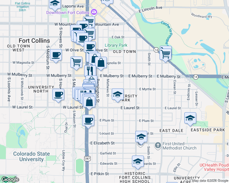 map of restaurants, bars, coffee shops, grocery stores, and more near 614 Mathews Street in Fort Collins