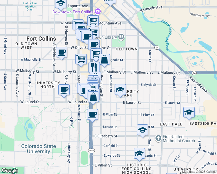 map of restaurants, bars, coffee shops, grocery stores, and more near 608 Remington Street in Fort Collins